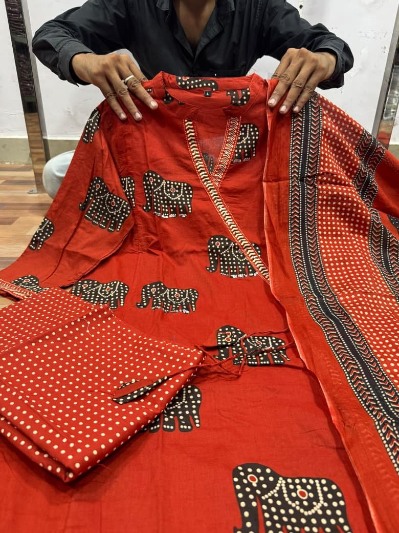 Handwork Cotton Kurti Pant Dupatta Set